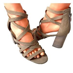 Franco Sarto Womens Sz 8.5 M Strappy Chunky Heels Open Toe Sandals Beige Leather